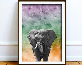 Elephant Watercolor Print, Colorful Nursery Wall Art