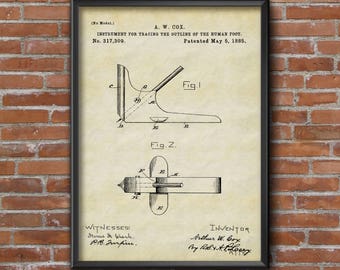 Patent Print Foot Measuring Instrument Patent Art, Shoemaker art Poster, Foot Tracing Patent, Wall Print, Blueprint Art Wall Art Home Decor