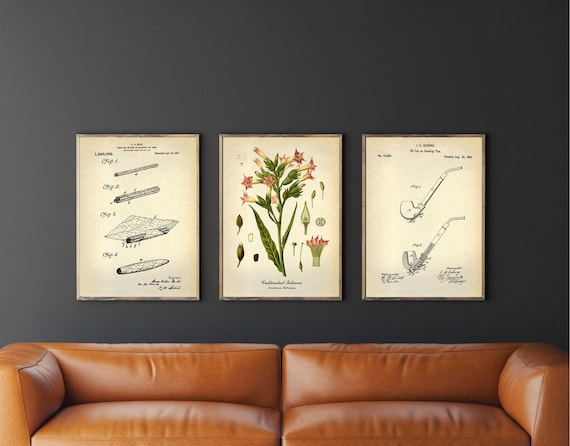 Tobacco Botanical Print Set, Vintage Cigar & Pipe Patent Art