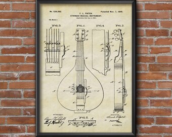 Stringed Musical Instrument 1899 Patent print, Blueprint Wall Art, Vintage Music Art, Black & White Patent Wall Art Print, Home Decor