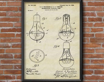 May include: A vintage patent drawing for an incandescent electric lamp, dated July 24, 1900. The drawing shows four different views of the lamp, with detailed illustrations of its internal components. The patent number is 654,208, and the inventors are Samuel D. Washburn and Clarence H. Tinkham.