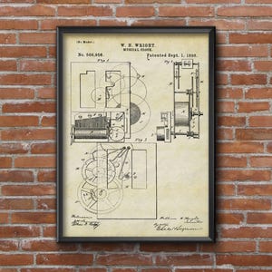 Musical Clock 1896 Patent Print, Big Size Posters, Musical Instrument Patent Poster, Wall Art Print, Blueprint Wall Art, Home Decor