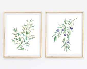 Watercolor Olive Branch Prints, Botanical Greenery Art (Set of 2)