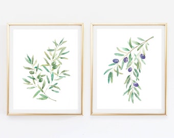 Olive branch, Watercolor botanical illustration, set of 2 prints, Watercolor plants, kitchen and dinning room wall décor, Greenery art