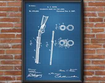 Telescopic Sight Patent Print, Firearm Blueprint Art
