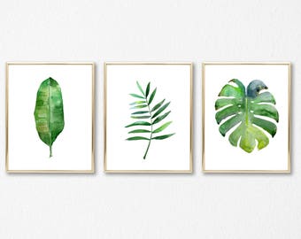 Watercolor Tropical Leaf Prints - Set of 3 Botanical Wall Art