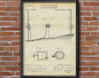 Leveling Instrument Patent Print, Patent Poster, Surveyor Instrument Patent, Vintage instrument Wall Art Print, Home Decor & Office Decor