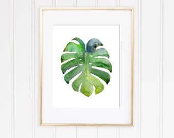 Monstera Watercolor print, Tropical Leaf Watercolor poster, Monstera Leaf Plant, Botanical print, Home and Kitchen Wall Art, Nursery WallArt