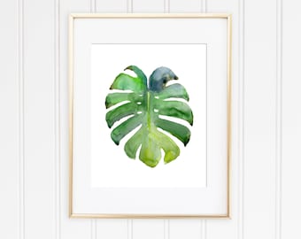 Monstera Leaf Watercolor Print, Tropical Wall Art