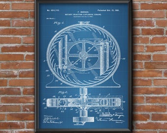 Rotary Engine Patent Print, F. Burger, Vintage Blueprint