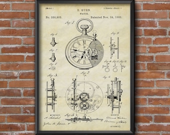 Vintage Watch Patent Print, 1885 Diagram Poster