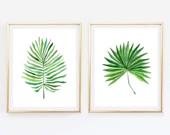 Tropical Art - set of 2 watercolor botanical Posters Fan Palm Leaf posters Tropical watercolor prints Home decor Kitchen decor Wall artprint