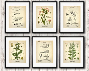 Tobacco Art set of 6 vintage botanical and patent posters, Nicotine antique illustration, Cigar cutter smoking pipe Patent prints, art decor