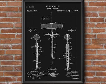 Corkscrew patent poser, Cork puller vintage design, Vine lover gift idea, Patent Art print Office and home Wall Decor