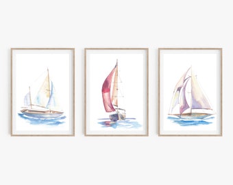 Sailboat Watercolor Prints, Set of 3, Marine Nursery Art