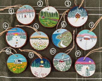 Hand Painted Wood Slice Ornaments – Rustic Winter & Nature Scenes, Christmas Tree Decor