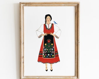 Folk Girl Print Art - Balkan Costume Folk Art - Wall Art / Decor / Illustration - A4 / A5 Giclee Print