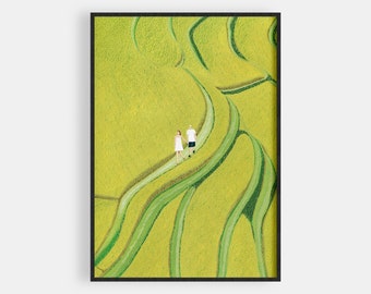 Op de afbeelding: Een luchtfoto van een stel dat over een pad in een groene rijstvelden loopt. Het veld is verdeeld in secties door gebogen lijnen, wat een uniek patroon creëert.