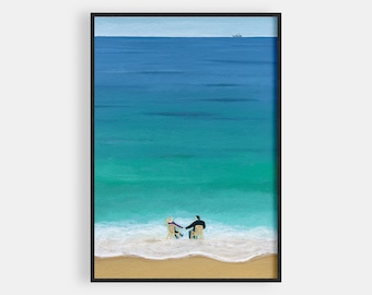May include: A painting of a couple sitting on chairs on a beach with a blue ocean and a small boat in the distance.