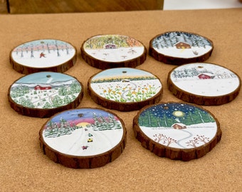 Wood slice Christmas Ornaments - Snowy Landscape collection