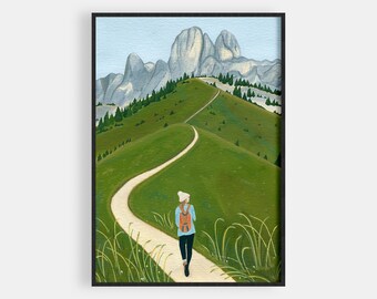 May include: A person wearing a white hat and a blue shirt walks along a winding path up a green hill towards a mountain range in the background. The sky is a light blue.