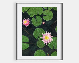 Lotus flowers with lily pads - Unique botanical wall art