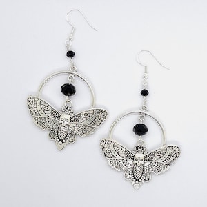 Death Moth Hoop Earrings | Skull Moth Earrings, Witchy Earrings, Gothic Gifts, Black Glass Beads, Silver Plated Hook Earrings, Goth Jewelry