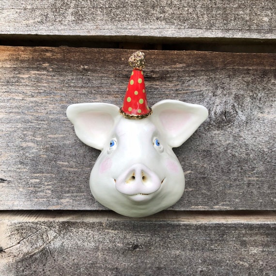 Ceramic Wall Sculpture Pig with Party Hat