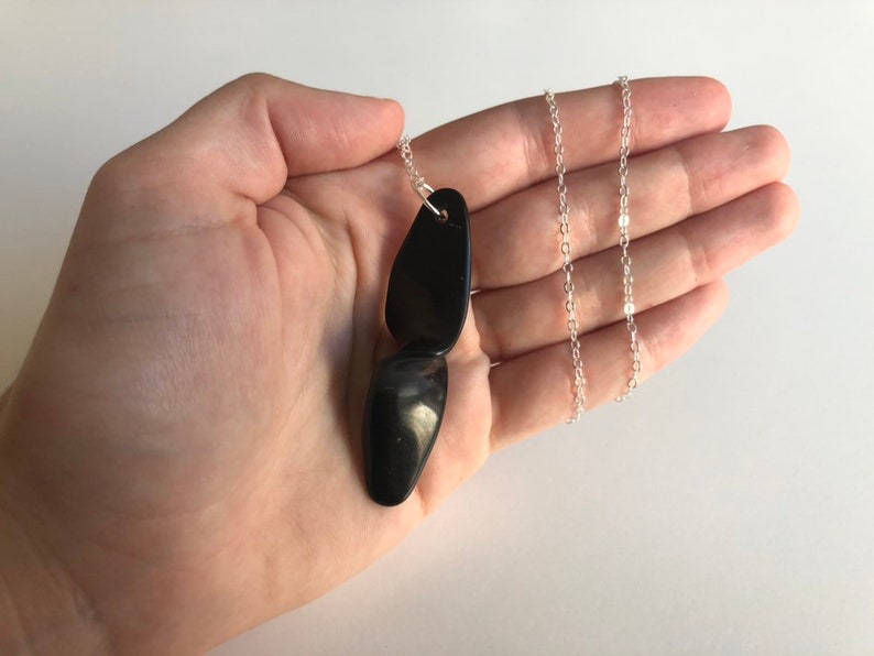 Onyx twist necklace on 28inch sterling silver chain black onyx polished minimalist pendant for protection and grounding