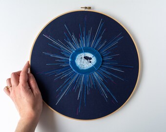 Blue Agate Burst Artwork gemstone embroidery 30cm / 12inch - large hand embroidered hoop navy fabric spiritual home office decor