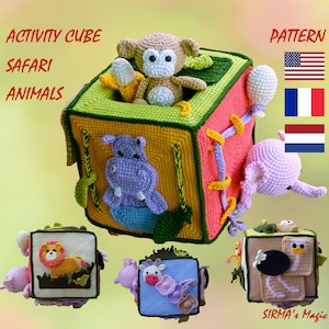 Activiteitenkubus - Safaridieren haakpatroon - Amigurumi speelgoedhandleiding - English, Français, Nederlands