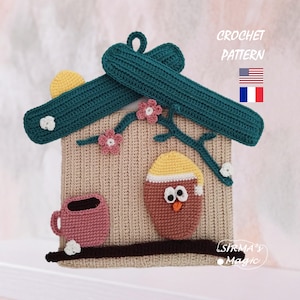 May include: A crocheted birdhouse pattern with a teal roof, beige walls, and a brown branch with pink flowers. The birdhouse features a pink mug and an owl with a yellow hat. The text "CROCHET PATTERN" is visible.