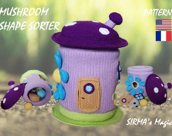 Trieur de formes en forme de champignon au crochet - Jouet à trier Amigurumi : apprentissage Montessori (français, anglais)