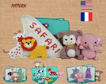 Safari Animals Quiet Book Crochet Pattern - Busy Activity Sensory Pop-up Book with Safari Animals Amigurumi Pattern - English, Français