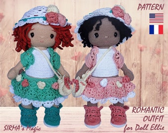 Doll Ellie "Romantic Outfit" Crochet Pattern - Crochet Clothes for Doll Ellie Amigurumi Pdf Tutorial - English, Français