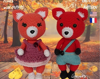Motif au crochet Renards avec tenues - Tutoriel jouet amigurumi avec vêtements (français, anglais)