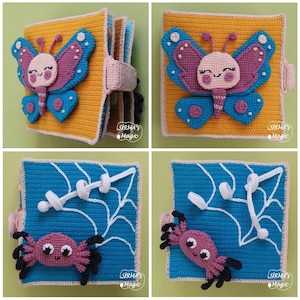 May include: A handmade crochet book with a yellow cover featuring a blue and purple butterfly. The book opens to reveal blue pages with a spider and web design. The book is labeled "SIRMA'S Magic".