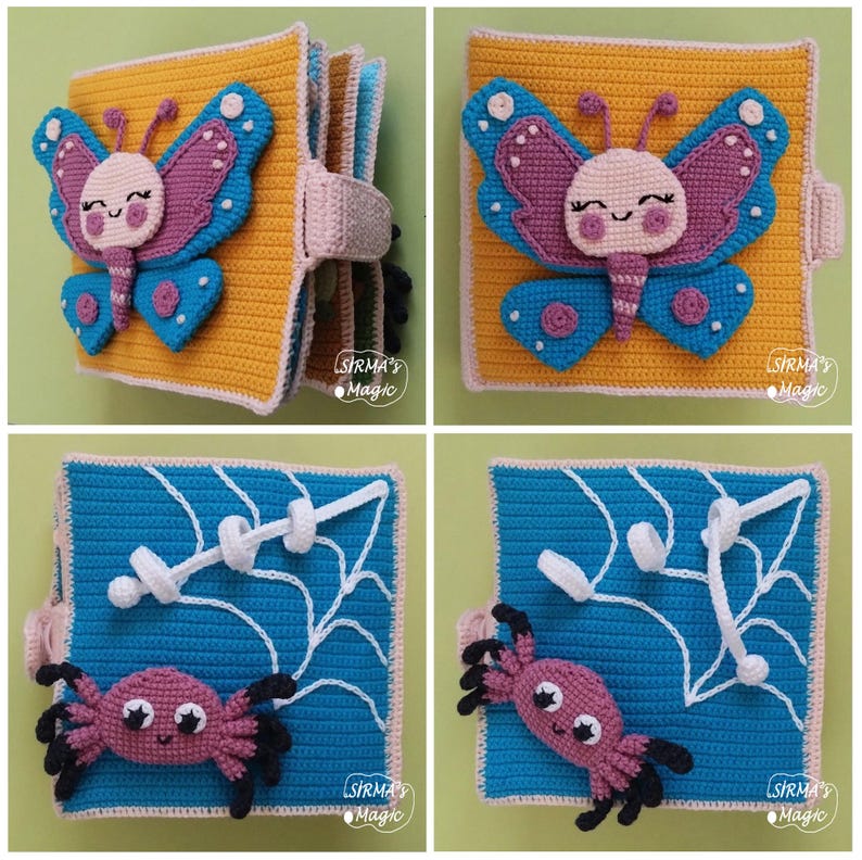 May include: A handmade crochet book with a yellow cover featuring a blue and purple butterfly. The book opens to reveal blue pages with a spider and web design. The book is labeled "SIRMA'S Magic".