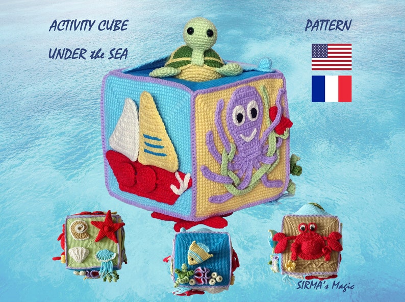 May include: A crocheted activity cube with a sea theme. The cube has six sides, each with a different sea creature or object. The sides feature a sailboat, an octopus, a starfish, a crab, a fish, and a turtle. The cube is made in bright colours and is perfect for a child's playroom.