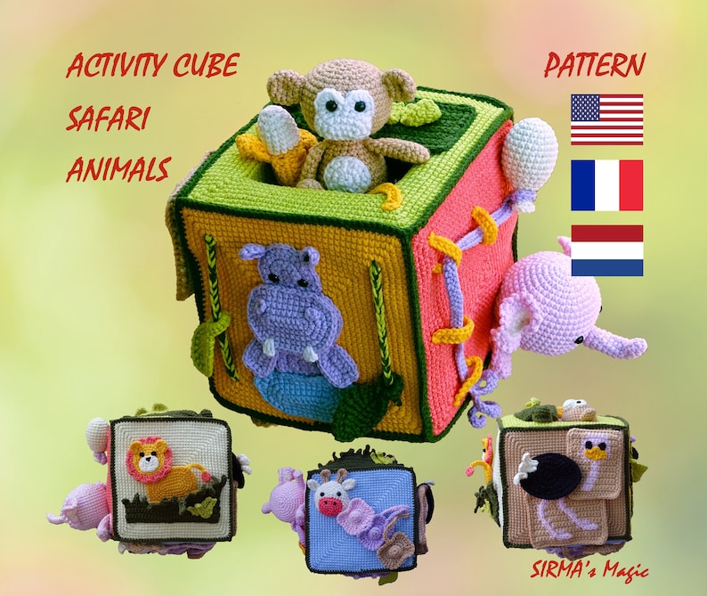 May include: A handmade crochet activity cube featuring safari animals. The cube has a monkey, elephant, hippo, lion, giraffe, and ostrich. The cube is in shades of green, yellow, pink, and blue. The text "ACTIVITY CUBE SAFARI ANIMALS PATTERN" is visible.
