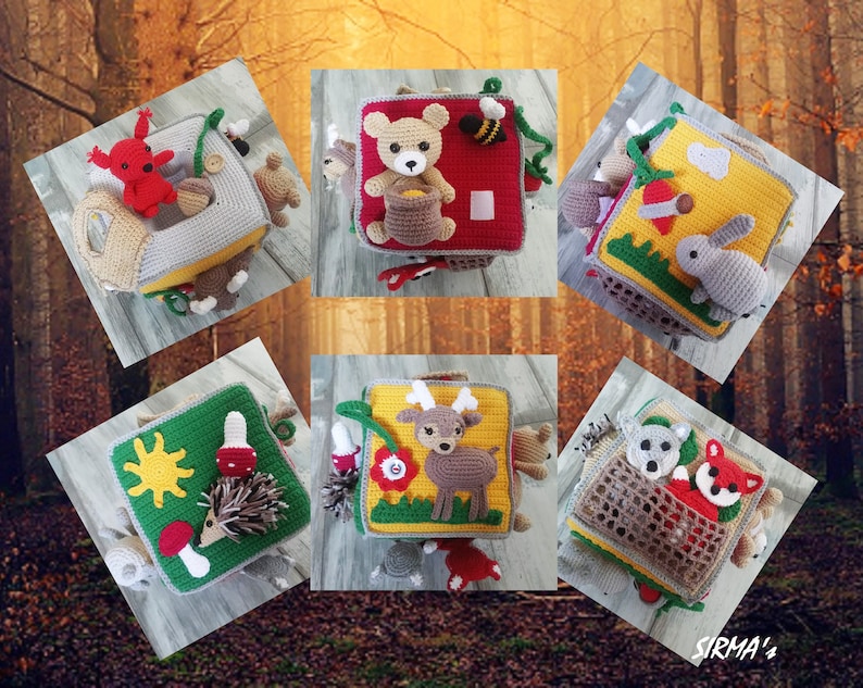 May include: Six colourful crocheted baby activity cubes with different animal and nature themes. Each cube features a variety of textures and elements for sensory exploration. The cubes are perfect for stimulating a baby's senses and promoting fine motor skills.