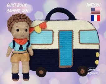 Camper Van Quiet Book with Boy Doll Crochet Pattern - Busy Activity Sensory Book Camper Dollhouse Amigurumi Pattern - English, Français