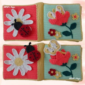 May include: A crocheted baby book with colorful flowers, a ladybug, and a butterfly. The book has a green, pink, and yellow color scheme. The text "SIRMA's Magic" is on the front and back covers.