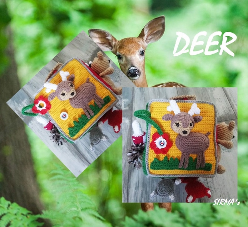 May include: A yellow, green and brown crocheted baby toy shaped like a book with a deer on the front cover. The book has a red flower, a green leaf and a yellow button on the front cover. The text "DEER" is written in black letters on a white background above the book.