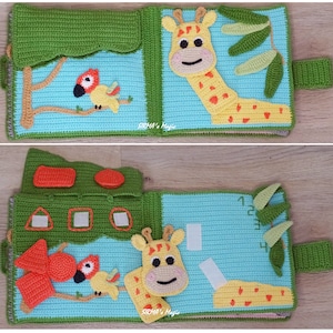 May include: A colourful crocheted baby book with a giraffe, a bird, and a tree on the front cover. The book has a flap that opens to reveal a hidden shape. The back cover has a number line and a flap that opens to reveal a hidden shape.
