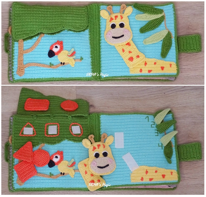 May include: A colourful crocheted baby book with a giraffe, a bird, and a tree on the front cover. The book has a flap that opens to reveal a hidden shape. The back cover has a number line and a flap that opens to reveal a hidden shape.
