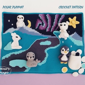 Peut inclure: Tapis de jeu polaire crocheté représentant un ciel nocturne avec un motif d'aurore boréale. Comprend des figurines crochetées d'un ours polaire, d'un hibou, d'un phoque, d'un pingouin et d'une étoile. Le texte "POLAR PLAYMAT" et "CROCHET PATTERN" sont visibles.