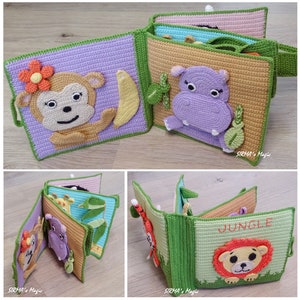 May include: A crocheted jungle-themed baby book with colourful animal illustrations. The book features a monkey, a hippopotamus, a giraffe, a lion, and a tiger. The book is made with soft yarn and is perfect for little hands.