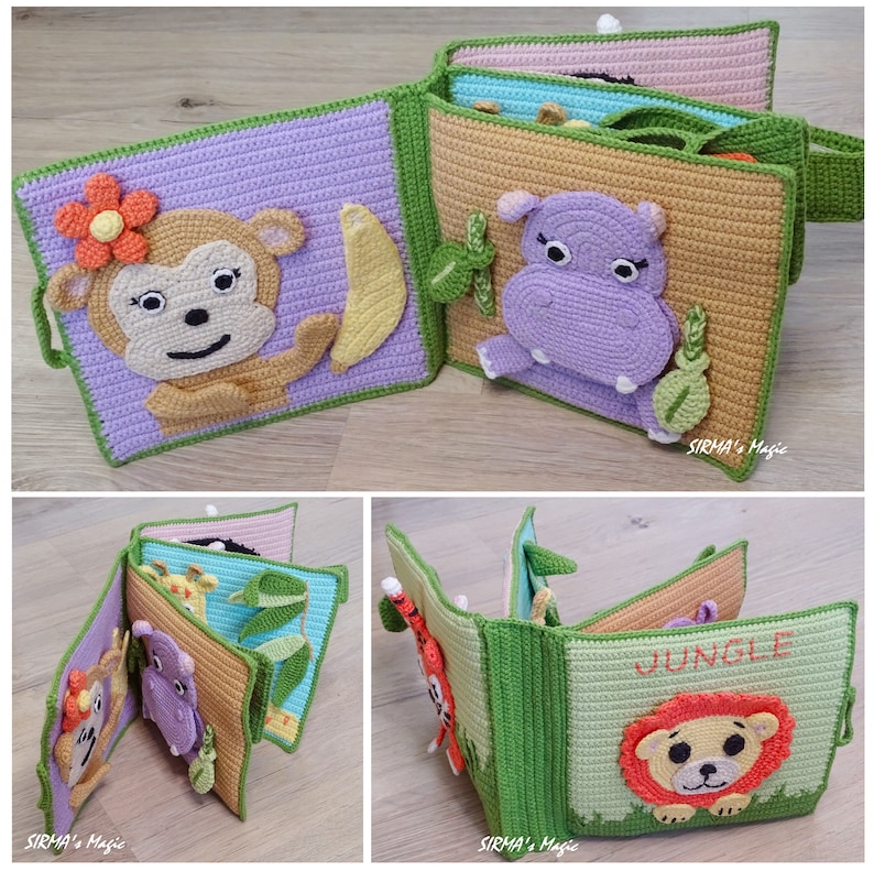 May include: A crocheted jungle-themed baby book with colourful animal illustrations. The book features a monkey, a hippopotamus, a giraffe, a lion, and a tiger. The book is made with soft yarn and is perfect for little hands.