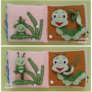 May include: A handmade crochet book for babies featuring a green caterpillar and insect design. The book has a pink and brown color scheme with green accents. The text "SIRMA'S Magic" is visible on the bottom right corner of the book.